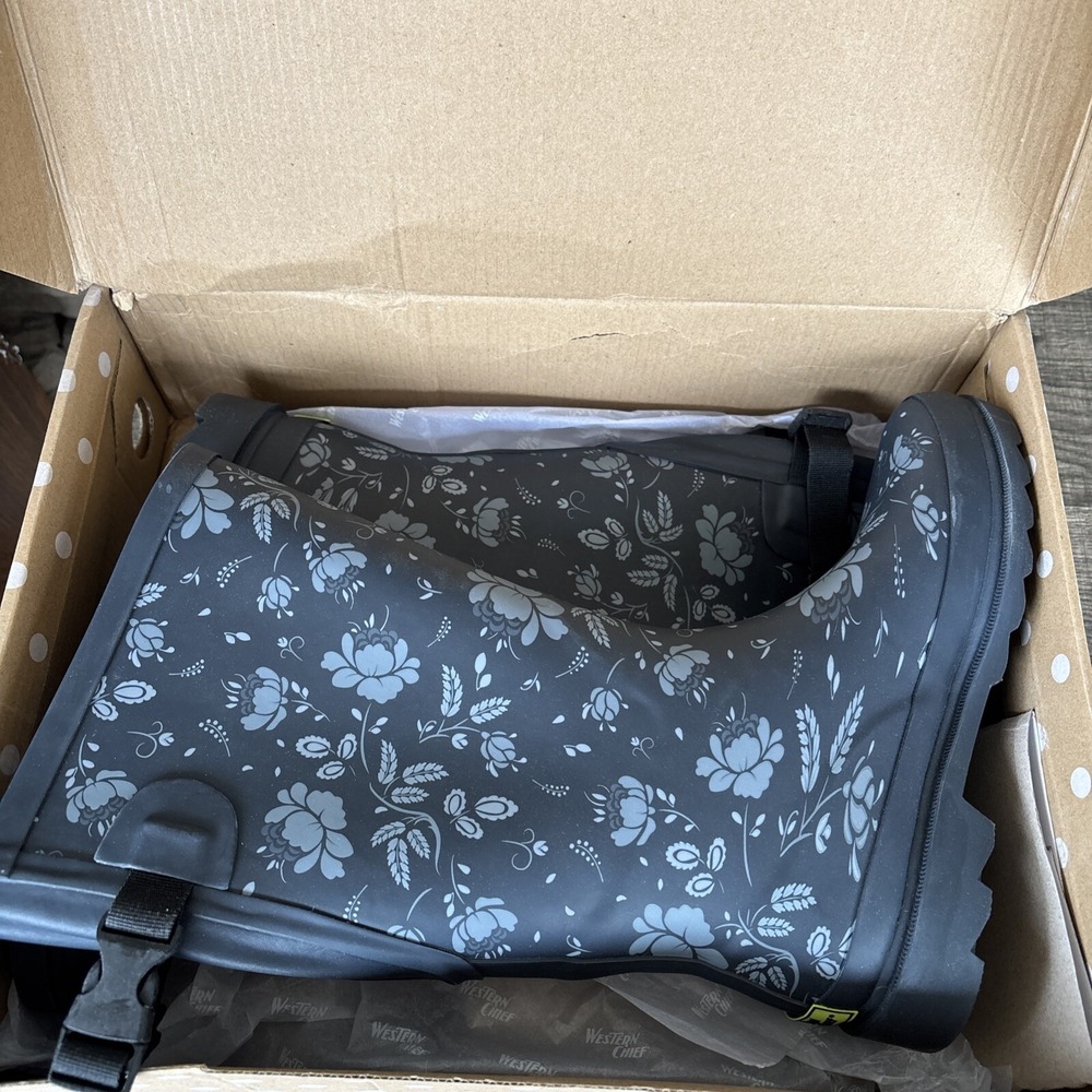 Western Chief  Waterproof Printed Buckle For Wide Calf Rain Boot Floral Slate 6M